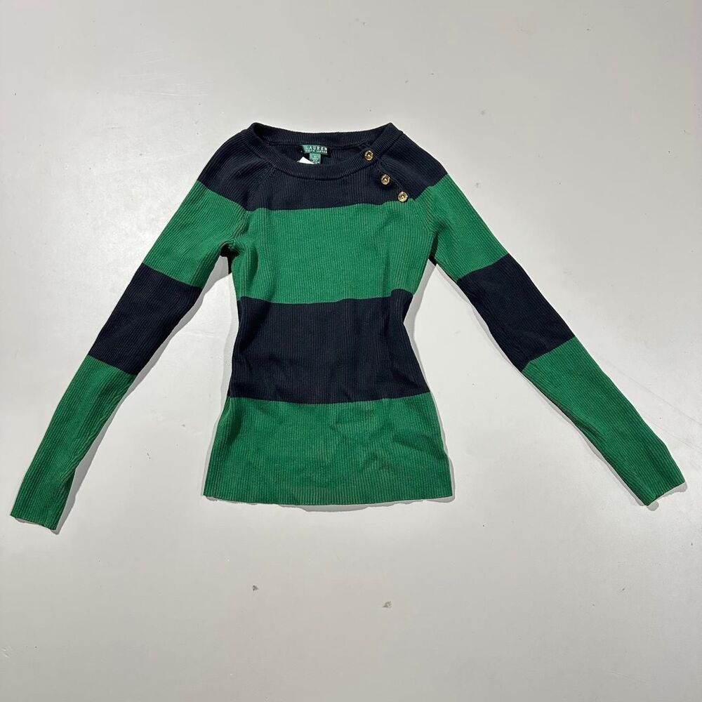 Ralph Lauren Green and Black Horizontal Striped Sweater with Gold Buttons